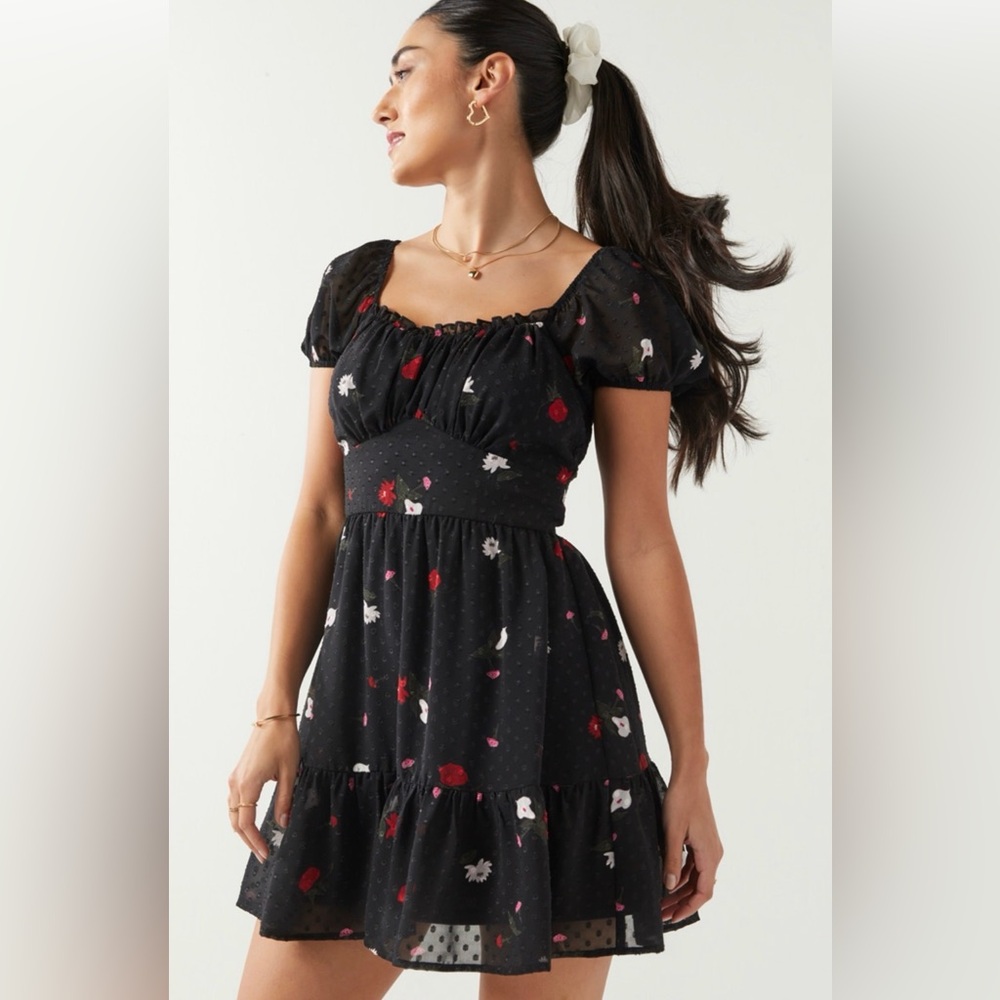 Black floral Swiss dot fit and flare dress M Francesca's
